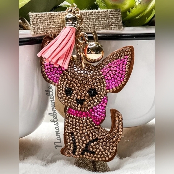 Chihuahua Dog Crystal Rhinestone Keychain Bag Charm With Tan Tassel - Picture 4 of 17